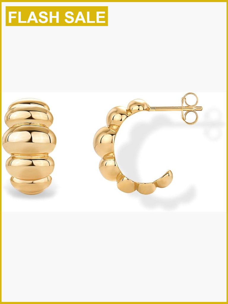 Chunky Ridge Statement Hoop Earrings - 14k Gold Plated Huggie Hoops